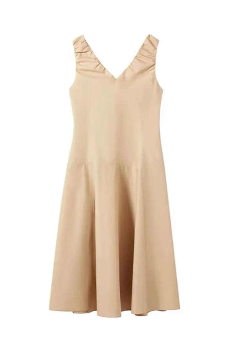 Nuovo abito da ufficio senza maniche con scollo a V color kaki da donna